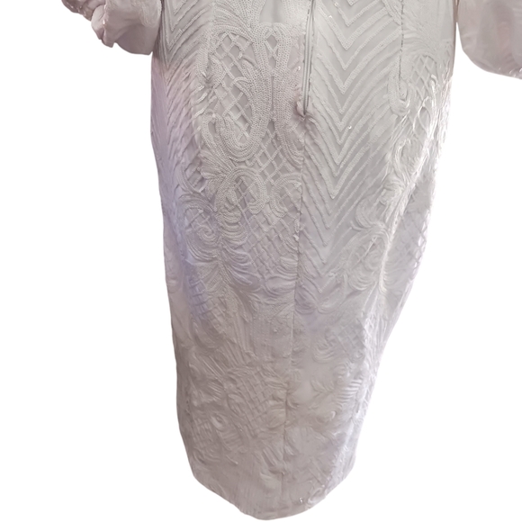 Beaded White Dress Zipper Sequins Puff Sleeve SEE MEASUREMENTS - Picture 7 of 15